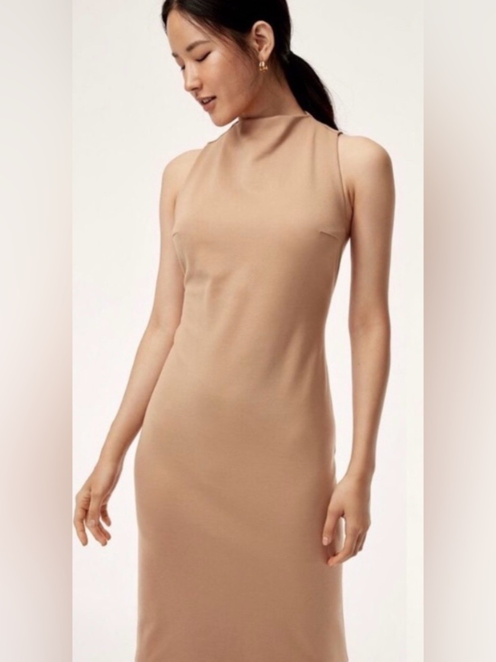 NEW Babaton Matheson Mockneck Sleeveless Pencil Midi Dress Tan Size 6